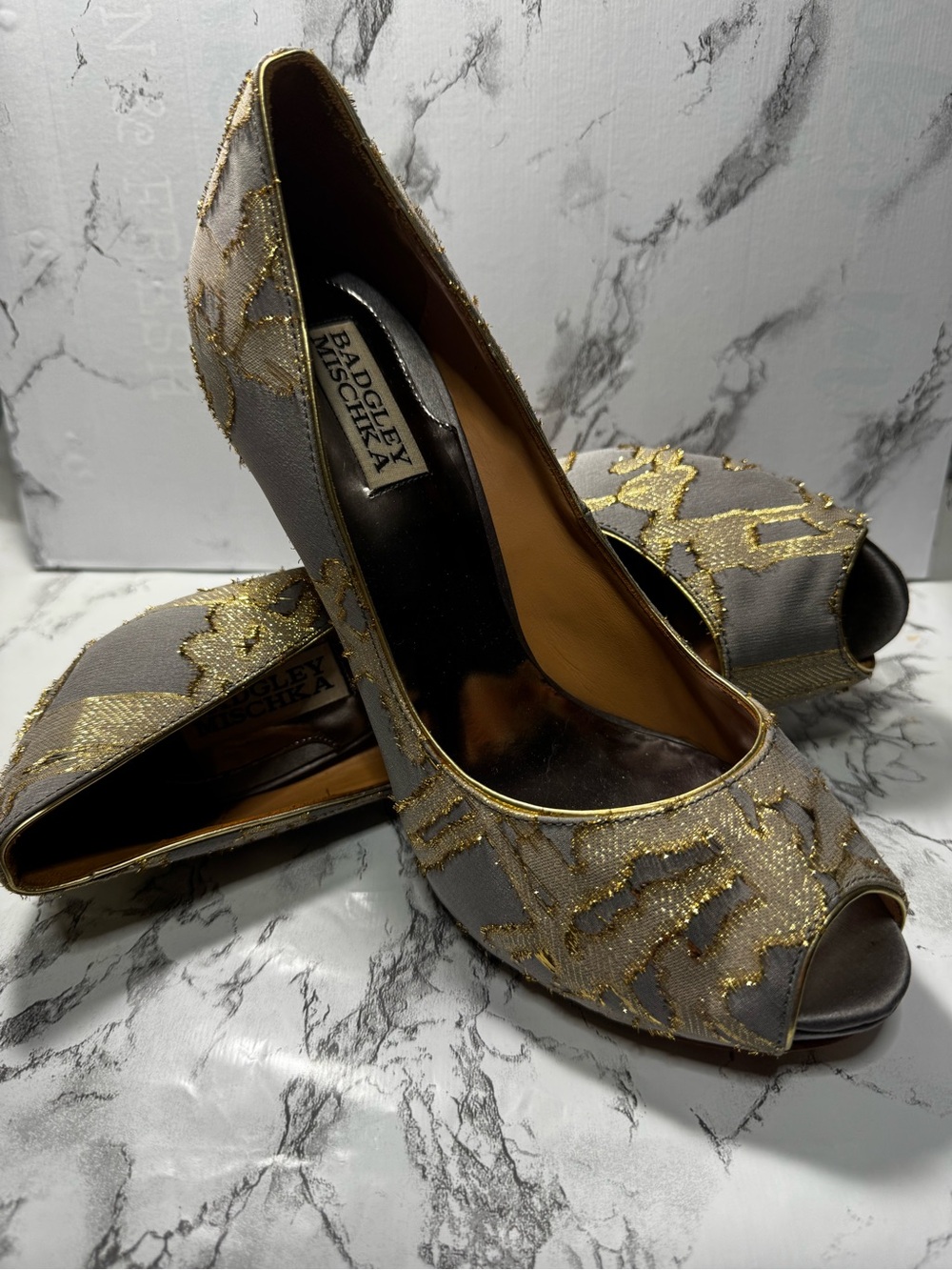 Badgley Mischka Silver and Gold Embellished Peep-Toe Heels